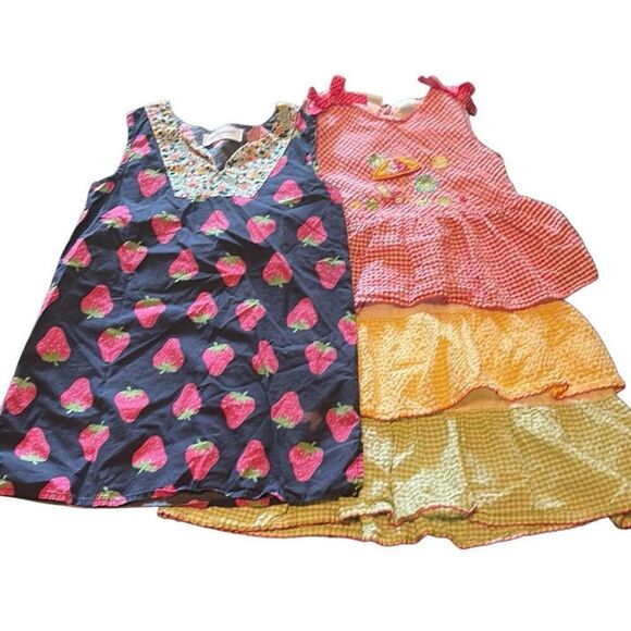 Petit Peony Strawberry Print B.T. Kids Seersucker Embroidered Tier Dress Girls 5 - Picture 1 of 14